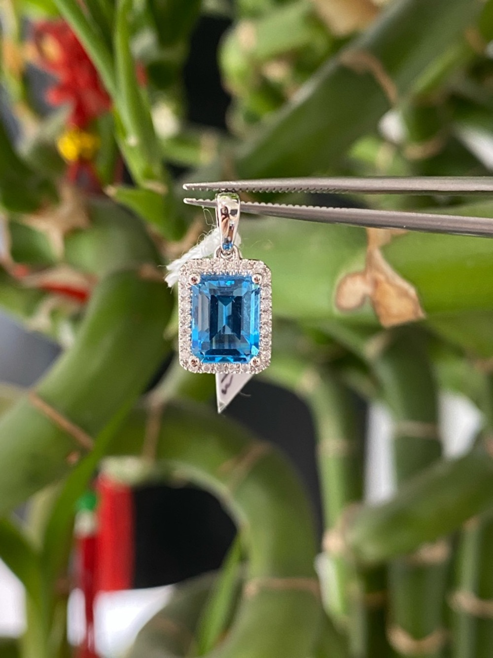 14K White Gold Natural Diamond And Blue Topaz Pendant